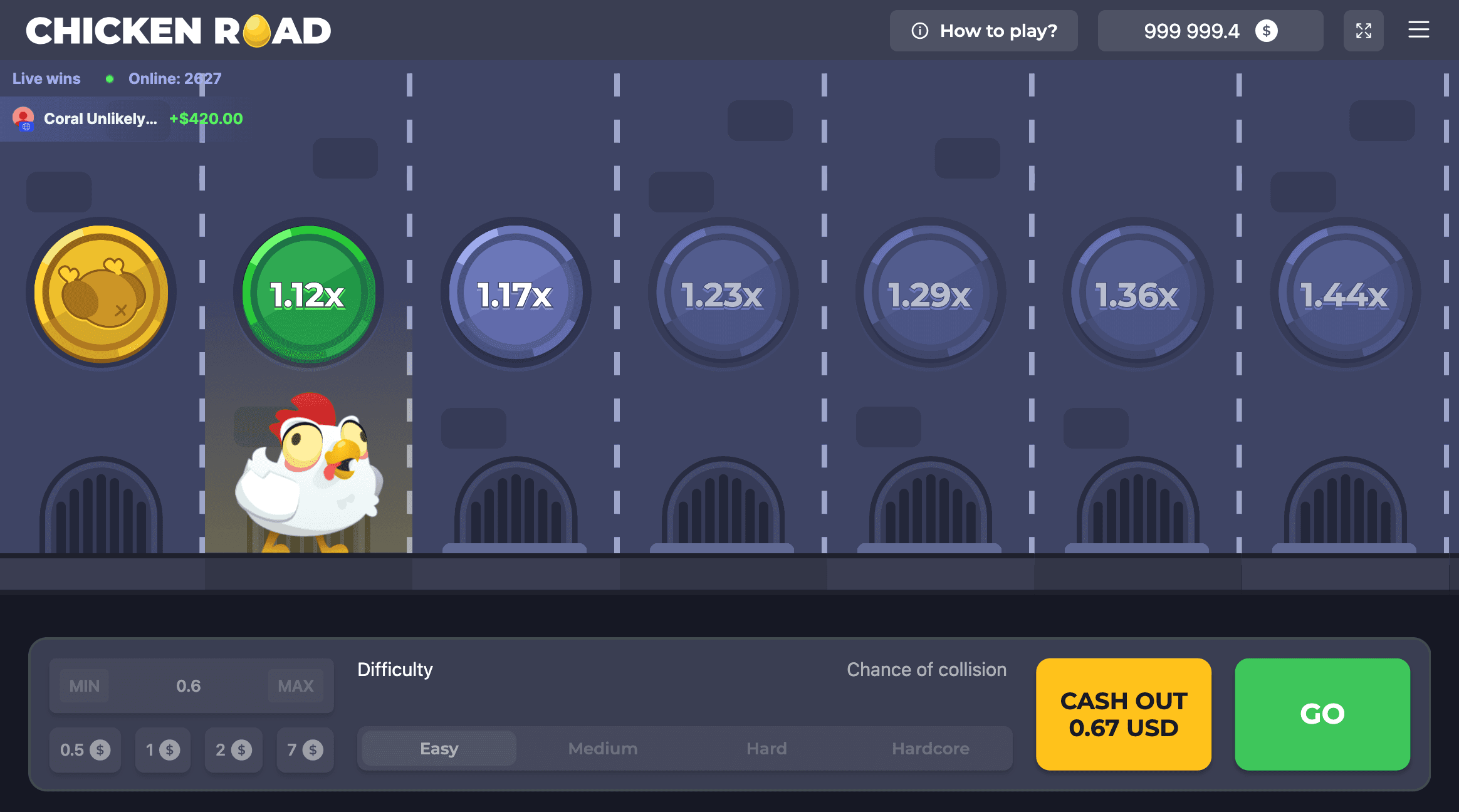Chicken Road 5x5 Grid Gameplay Interface showing multipliers from 1.03x to 1.53x with difficulty levels and play button